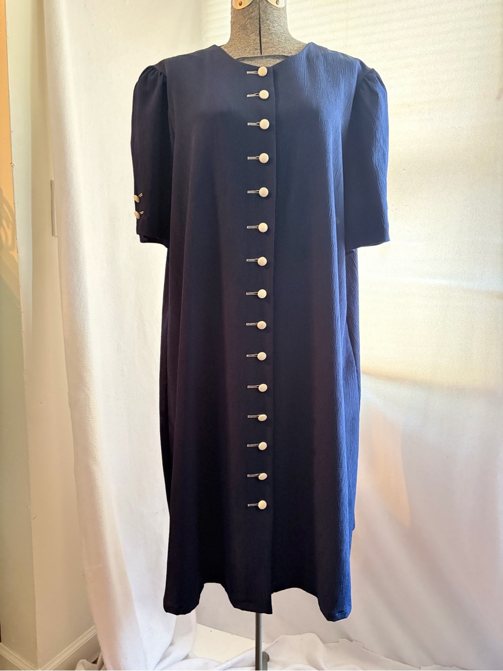 Vtg early 80s Chez California by Tandy navy blue button-front midi shirt dress